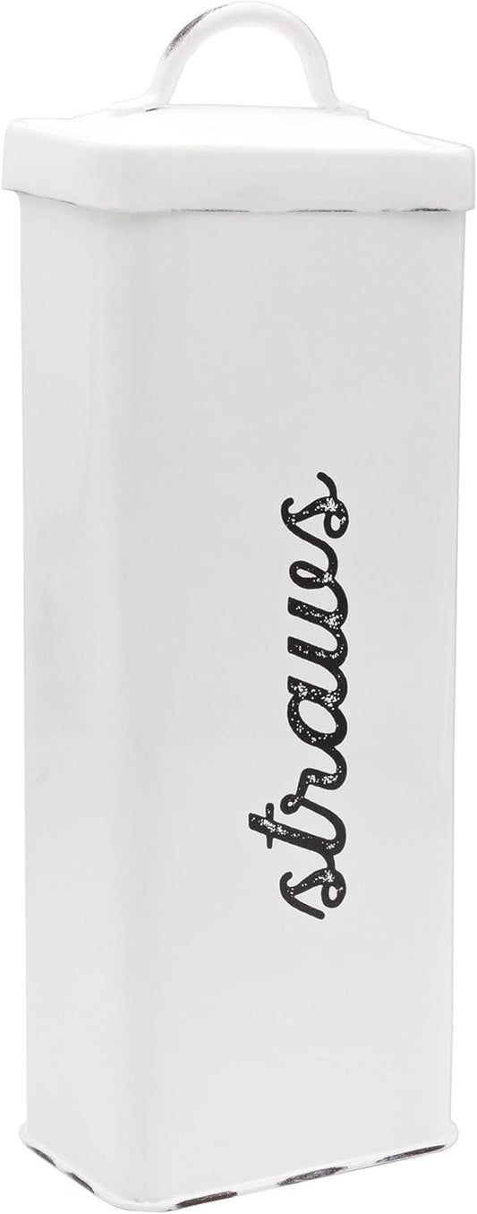AuldHome Design Farmhouse Enamelware Straw Holder (White); Rustic Metal Straw Storage Canister