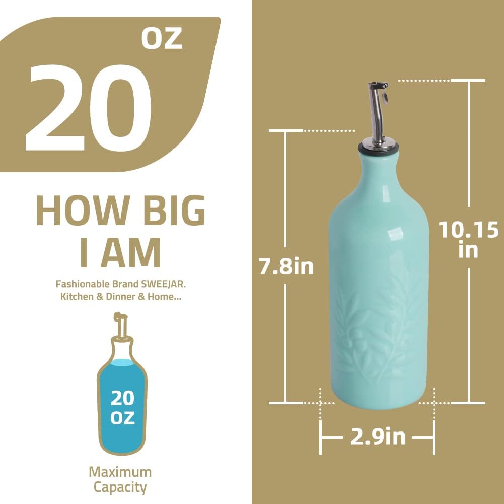 Sweejar Ceramic Olive Oil Dispenser Bottle 20 Oz Relief Opaque Oil Cruet Protects To Reduce Oxidation Suitable for Storage Vinegar, Soy Sauce, Coffee Syrup, Liquids, Set of 1 (Fogblue Gold Spout)