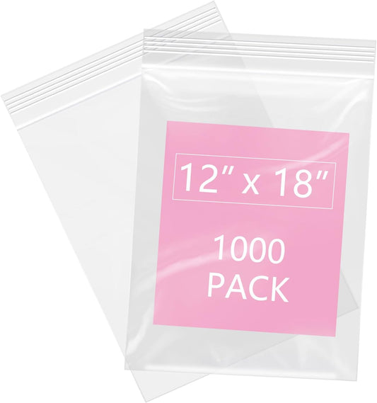 iMailer - 1000 Pcs- 12" x 18" Reclosable Plastic Zip Poly Bags 2 Mil - Clear Zip Bag for Clothing, T-Shirts, Pants