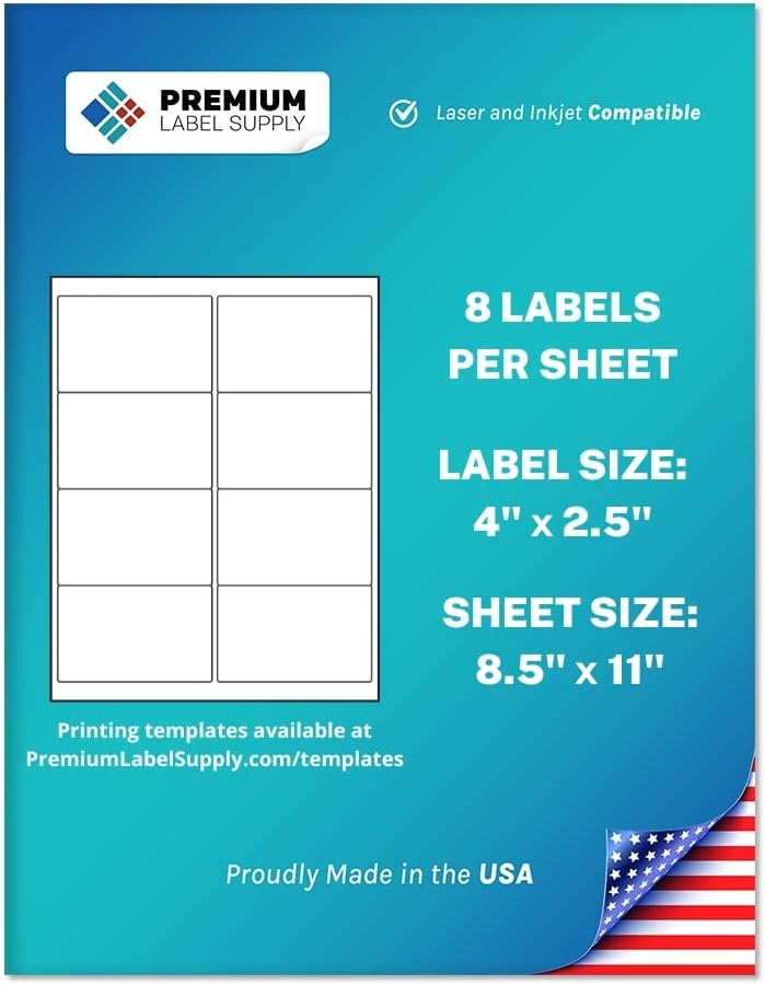 Premium Label Supply White Sticker Shipping/Mailing Labels – 4" x 2.5" – Laser/Inkjet Compatible – (8 per Sheet), 500 Sheets – 4,000 Total Adhesive Labels