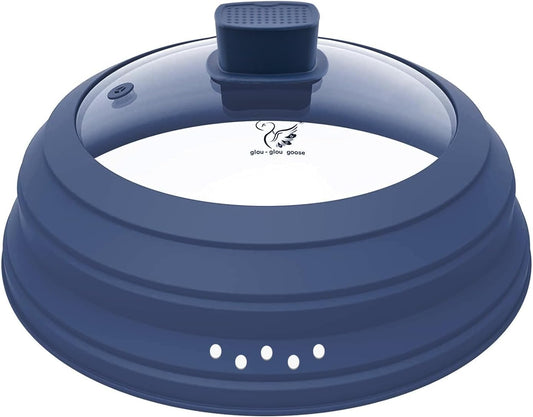 Microwave Splatter Cover Glass Cover Guard Lid with Collapsible Silicone for Food Pot Plate Cover 11.8 inch Dark Blue