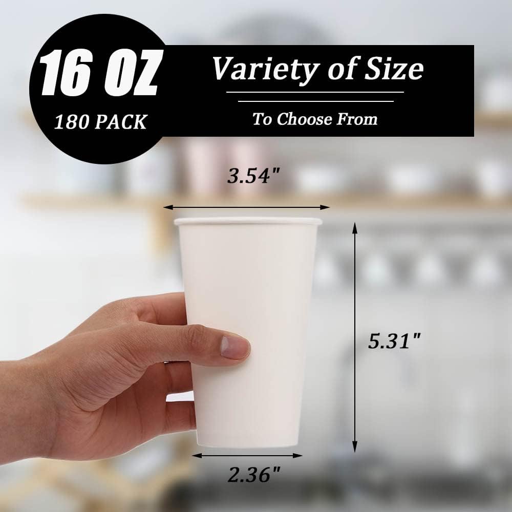 Lamosi 16 oz Disposable Coffee Cups, 180 Pack 16 oz White Paper Cups, Hot/Cold Beverage Drinking Cups for Water Juice or Tea, Office Party Home Travel