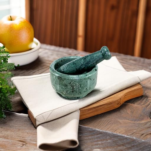 5" Diameter Natural Stone Mortar and Pestle Set as Spice Grinder, Medicine Masher - Okhli & Musal (Green)