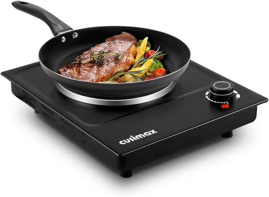 CUSIMAX Hot Plate, Single Burner Electric Cooktop, 1500W Electric Burner Hot Plate for Cooking with Adjustable Temperature, Portable Countertop Burner Stainless Steel, Black, New Model