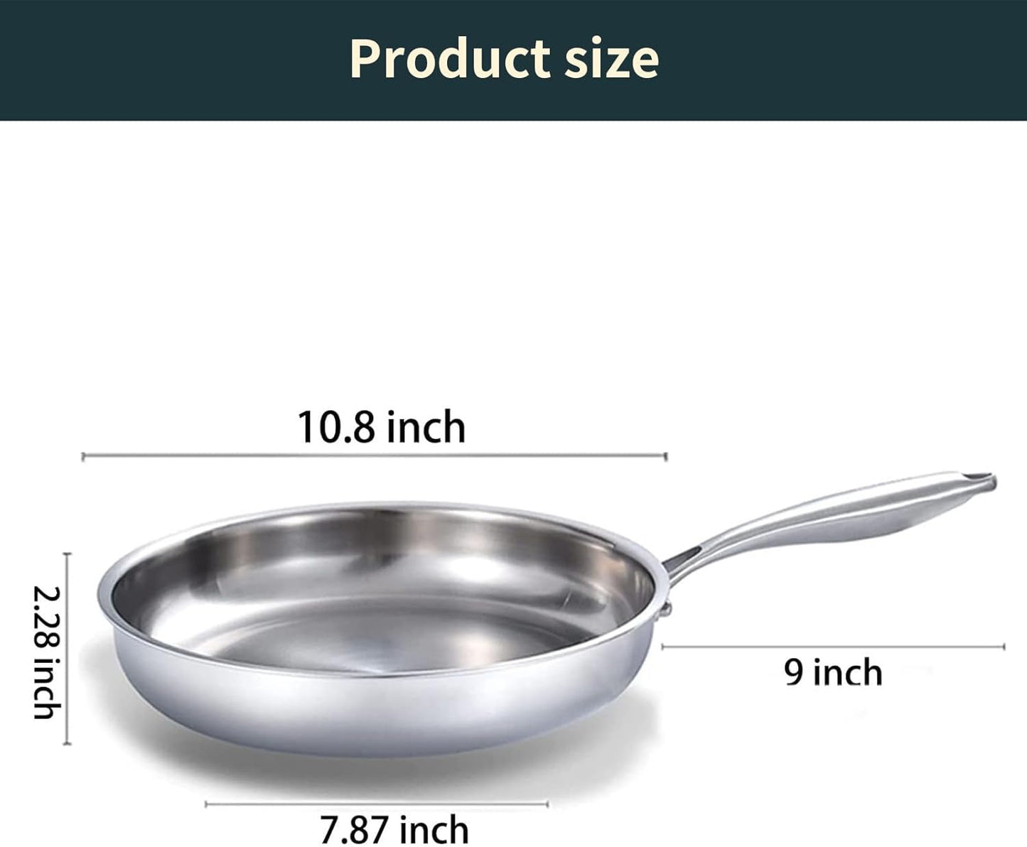 DELARLO Full Clad Tri-Ply Stainless Steel Frying Pan, 10 inch Skillet, All Stove Compatible Up to 600℉, Heavy Duty, Oven Safe, Chef's Omelette Flat Bottom Pan