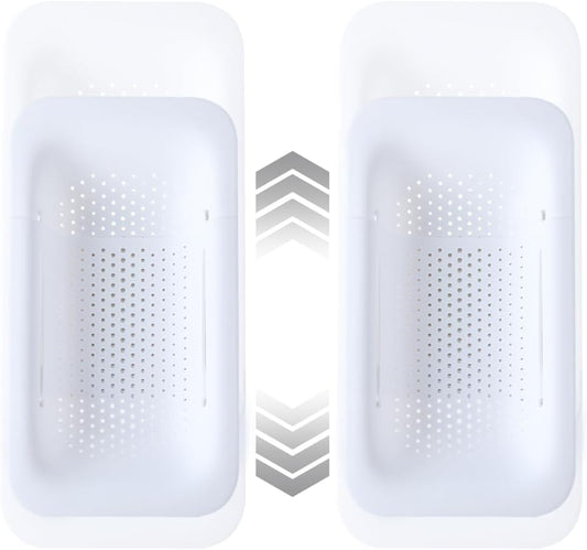 Collapsible Sink Colanders and Strainers Basket Over the Sink Colander Collapsible Colander Extendable Plastic Fruit Vegetable Strainer Drainer Basket for Kitchen(Length 14.3-19.4inch)(White Set of 2)