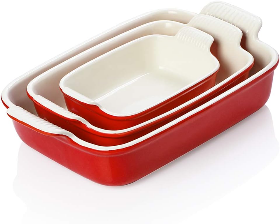 Sweejar Baking Pans Set, Ceramic 9x13 Baking Dish with Handle, Rectangular Casserole Dishes for Oven, Bakeware Sets of 3, Durable Lasagna Pan Deep for Kitchen, Banquet, Wedding Gift(Red)