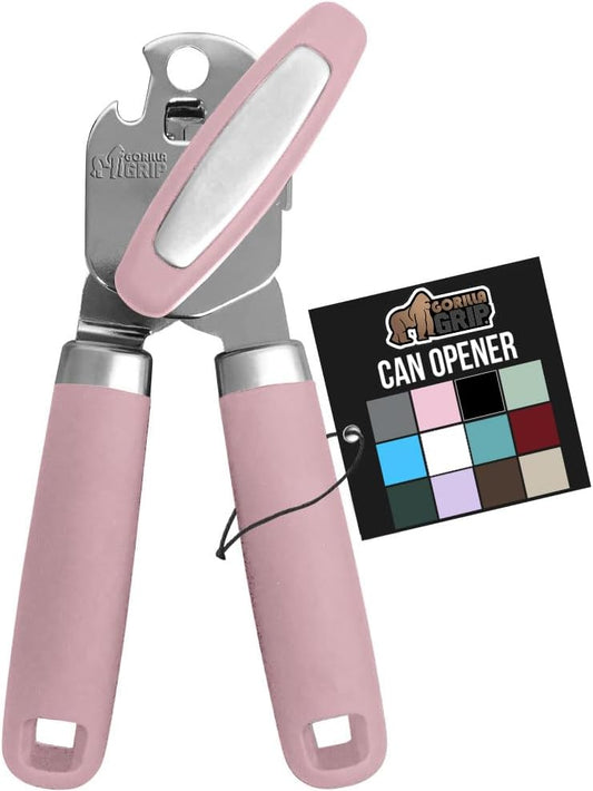 GORILLA GRIP Heavy Duty Stainless Steel Smooth Edge Manual Can Opener and Bottle Openers, Soft Comfortable Handle, Oversized Handheld Turn Knob, US Designed Multifunctional Kitchen Tool, Pink
