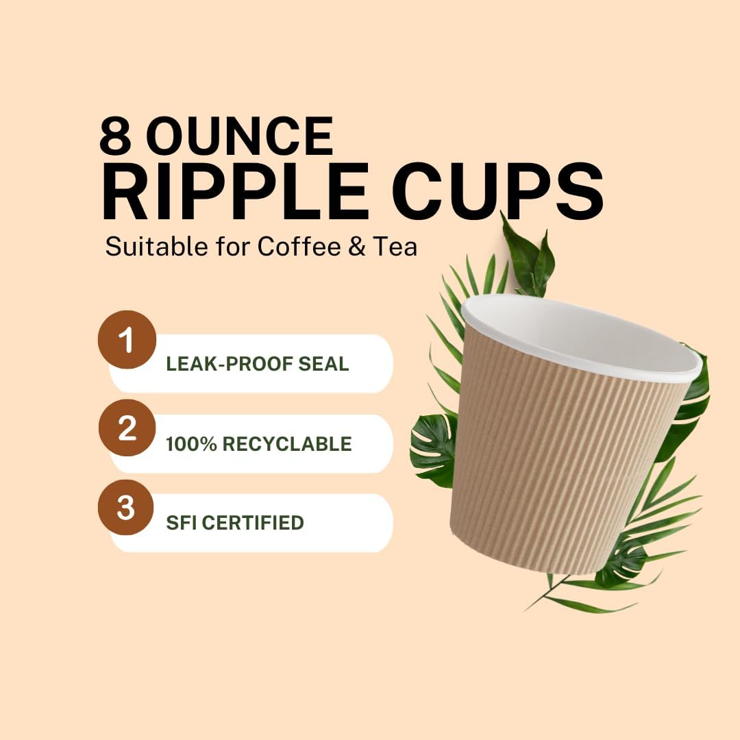Ripple Paper Cups 8 oz 500 Pack for Coffee & Tea Made in USA | Bulk for Home, Office, Restaurants & Coffee Shops | Recyclable, Insulated, & Disposable To-Go Cups for Hot Beverages (8 oz - 500 count)