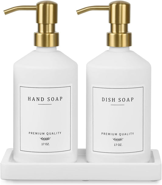 Gold Soap Dispenser Set, Glass Hand and Dish Soap Dispenser Set with Tray,Stainless Pump,14 Stickers for Kitchen,Bathroom Soap and Lotion Dispenser,Modern Counter Decor (White Bottle/Gold Pump)