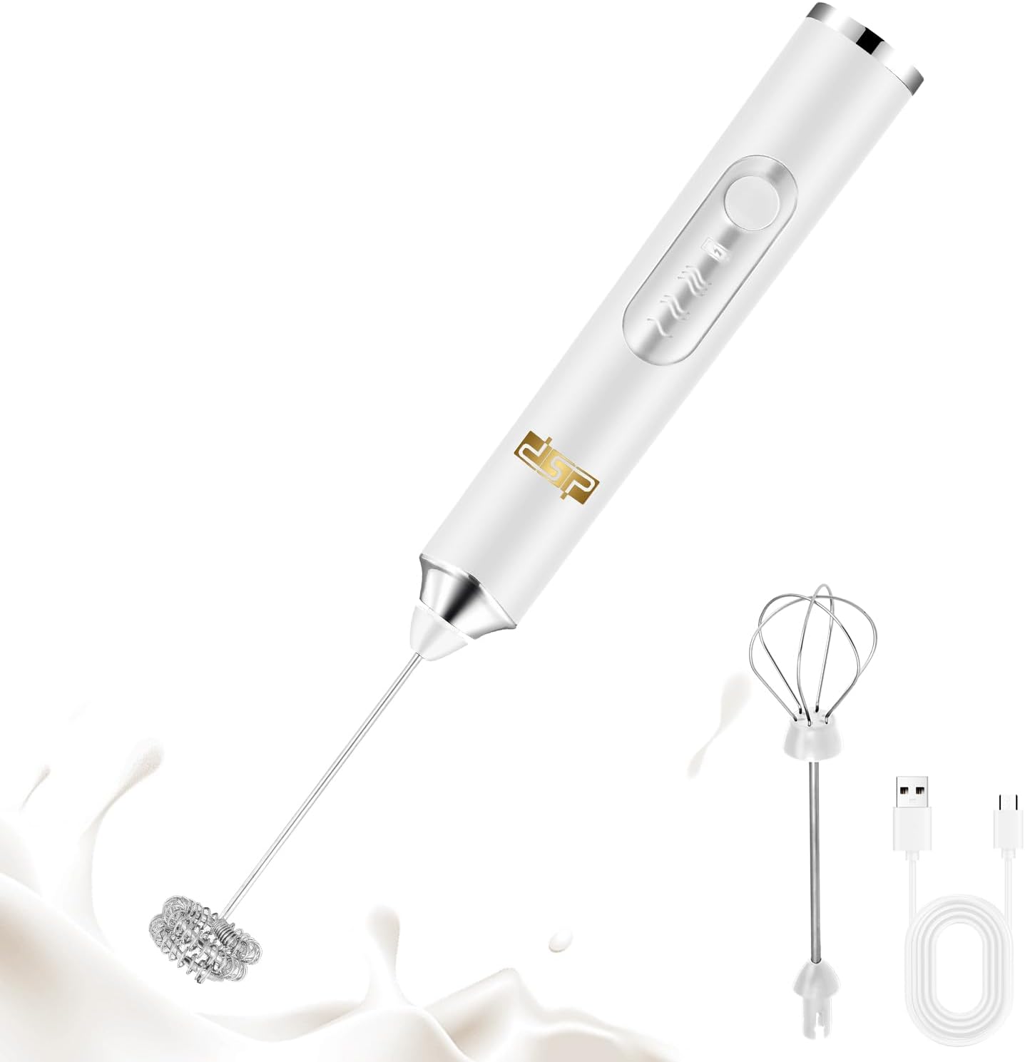 DSP Handheld Milk Frother Rechargeable, Electric Whisk for Coffee, 2 Stirring Rods 3 Speed Adjustable, Low Noise Drink Whisk for Lattes, Matcha, Hot Chocolate, Egg (Blizzard White)