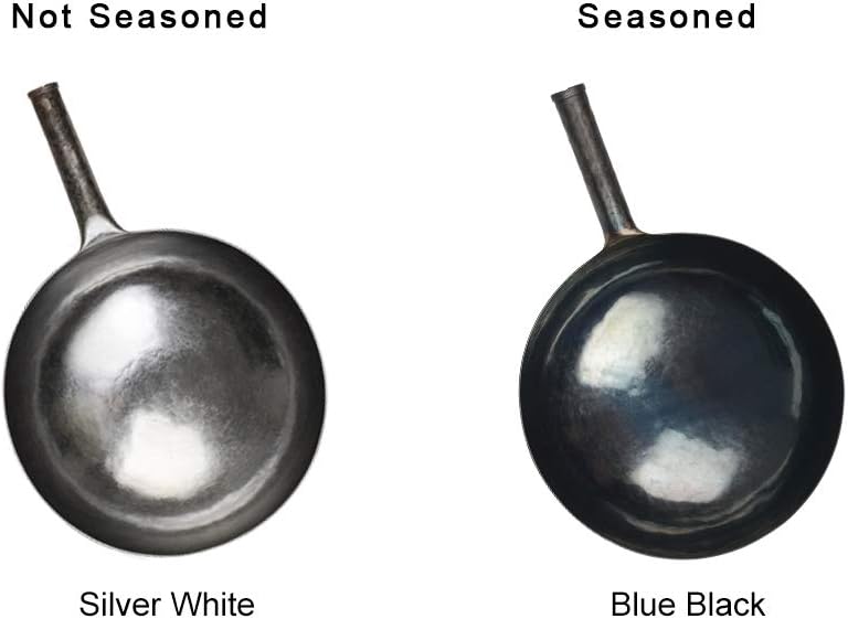 臻三环 ZhenSanHuan Chinese Hand Hammered Iron Woks and Stir Fry Pans, Non-stick, No Coating, Carbon Steel Pow (36CM, BlueBlack Seasoned with help handle)