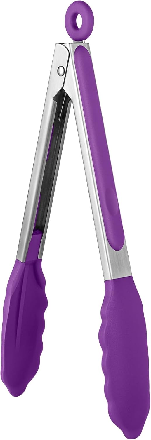 600ºF Heat Resistant Kitchen Tongs: U-Taste 9 inch Silicone Cooking Tong with Firm Sealed Non Stick Rubber Tips & Silicon Coated 18/8 Stainless Steel Handle & Smooth Locking for Serving Grill (Purple)