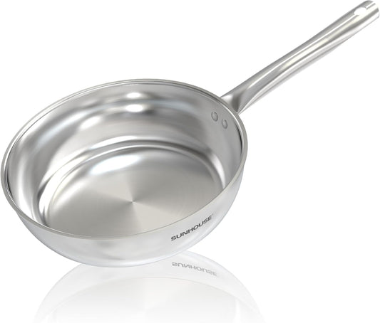 Sunhouse 18/10 8 Inch Stainless Steel Frying Pan, Whole-Clad No Coatings Skillet with Stay-cool Handle for Cooking, Durable & Oven Safe to 500°F, Dishwasher Safe, Compatible with All Cooktops