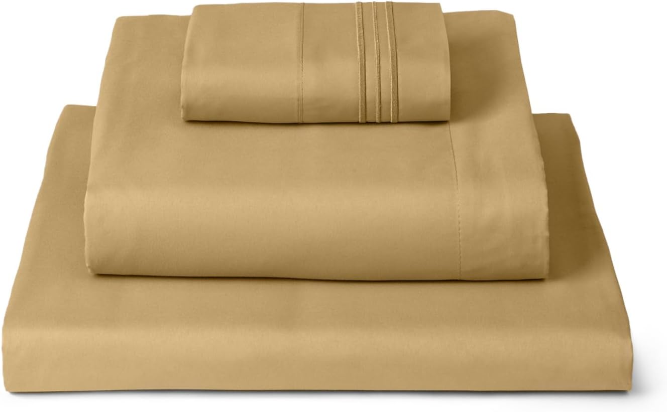 Mellanni Twin XL Sheets Set - 3 PC Iconic Collection Bedding - Hotel Luxury, Extra Soft, Cooling Bed Sheets - Wrinkle, Fade, Stain Resistant (Twin Extra Long, Gold)