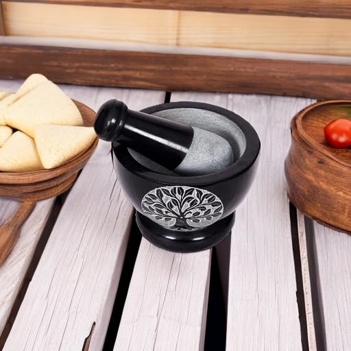 Mortar and Pestle, Made of Heavy Duty Polished Hard Stone, Natural Stone Grinder for Spices, Pastes, Herbs, Seasoning etc. (Tree of Life)