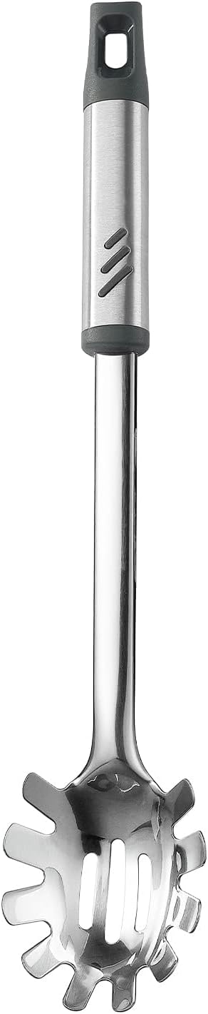 Spaghetti Spoon, Stainless Steel Pasta Fork for Serving and Cooking, 13.4 Inch Pasta Spoon with Teeth for Noodles, Ramen and Tagliolini, Comfortable Grip Design, Silver