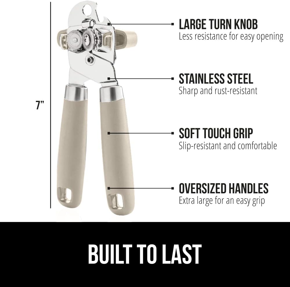 GORILLA GRIP Heavy Duty Stainless Steel Smooth Edge Manual Can Opener and Bottle Openers, Soft Comfortable Handle, Oversized Handheld Turn Knob, US Designed Multifunctional Kitchen Tool, Almond