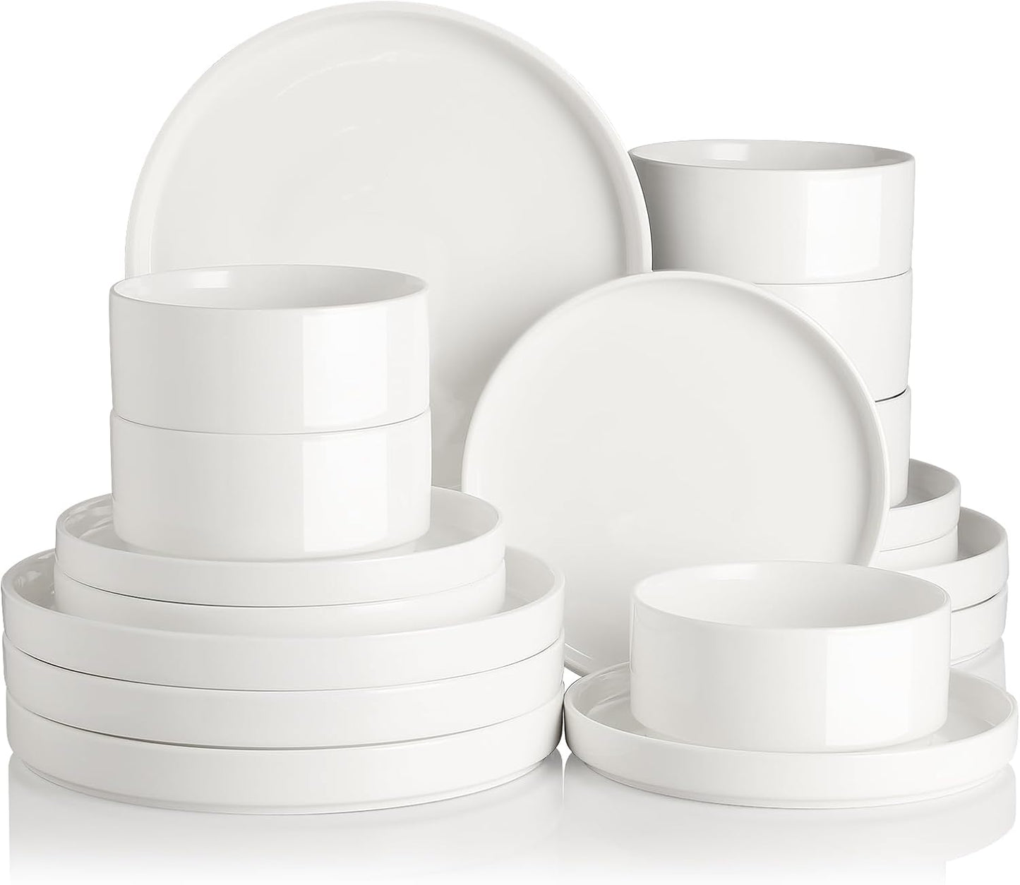 Sweejar Porcelain Dinnerware Sets for 6, 18 Pieces Ceramic Plates and Bowls Set, Classic Modern Simple Kitchen Dinner Dining Ware Set, Dishwasher and Microwave Safe Dishes Sets(Pure White)