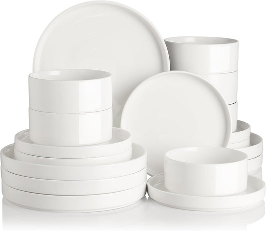 Sweejar Porcelain Dinnerware Sets for 6, 18 Pieces Ceramic Plates and Bowls Set, Classic Modern Simple Kitchen Dinner Dining Ware Set, Dishwasher and Microwave Safe Dishes Sets(Pure White)