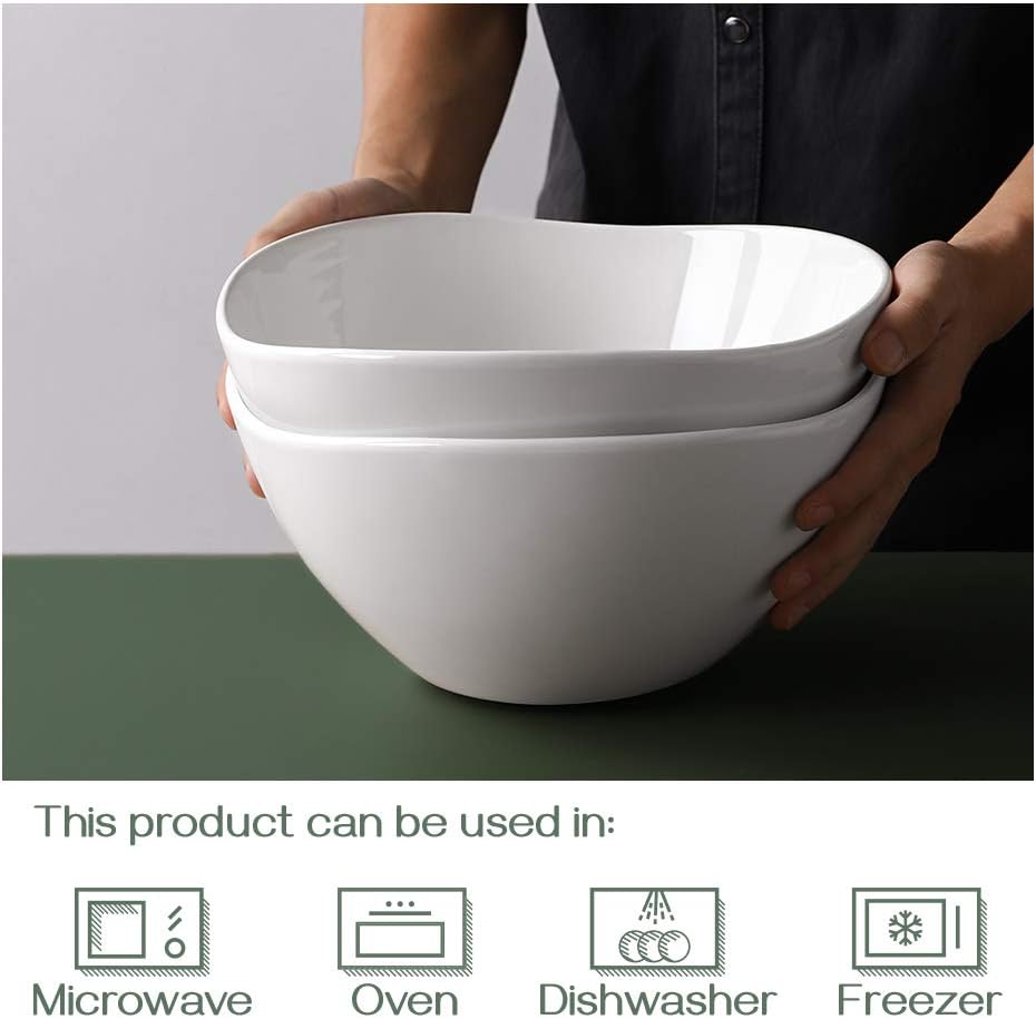 DOWAN Large Mixing Bowls, Ceramic Serving Bowls, 3.2 Quart Deep Salad Bowls, 105 Oz White Fruit Bowls for Modern Home, Set of 2