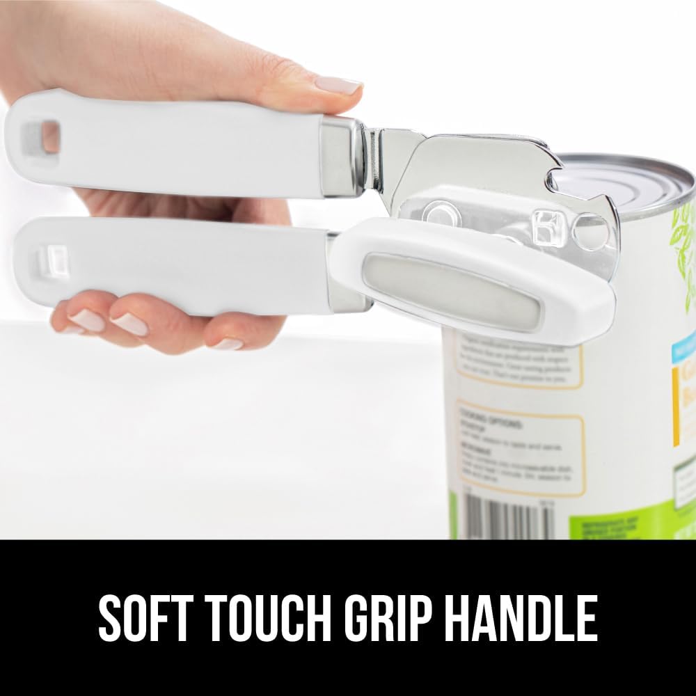 GORILLA GRIP Heavy Duty Stainless Steel Smooth Edge Manual Can Opener and Bottle Openers, Soft Comfortable Handle, Oversized Handheld Turn Knob, US Designed Multifunctional Kitchen Tool, White