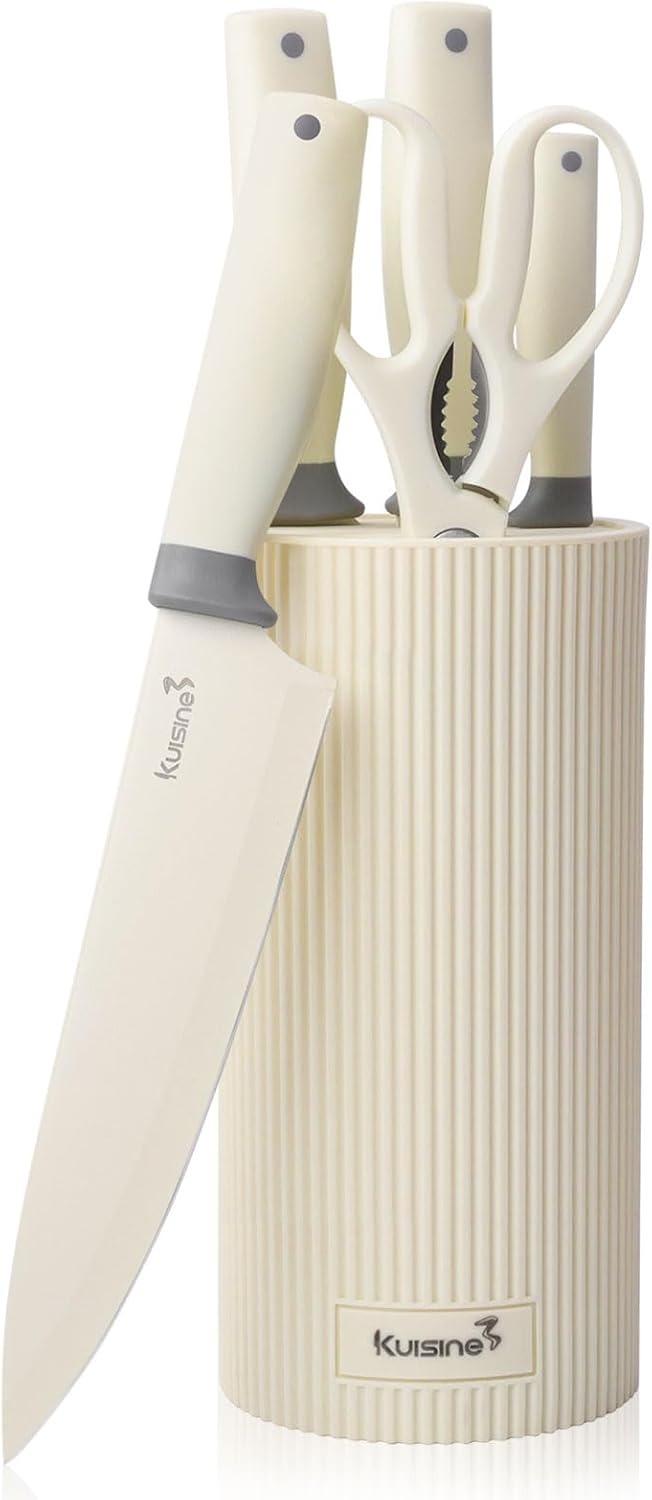 Kuisine Premium kitchen Knife Set with block,High Carbon Stainless Steel Forged,Ergonomic Non-slip Handle Knife Block Set(6PCS,Ivory)