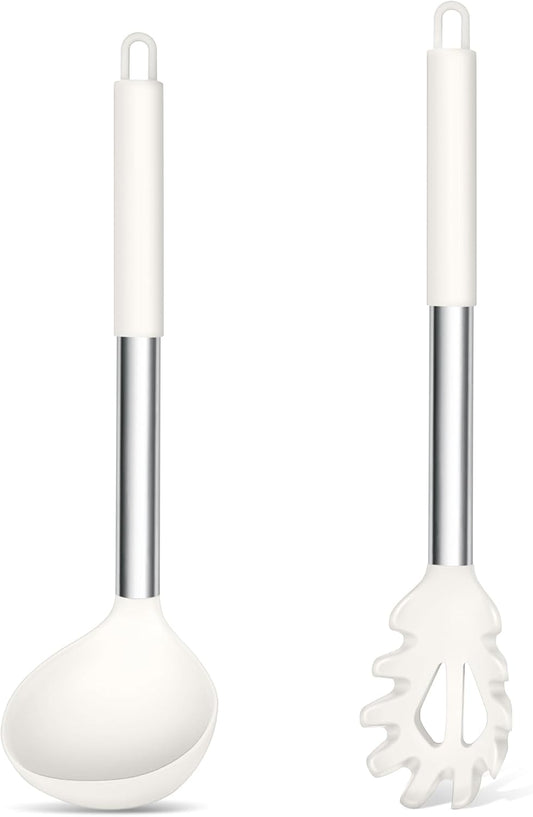 TeamFar Silicone Soup Ladle and Pasta Fork Set, 2 Pcs Large Nonstick Kitchen Cooking Utensils with Stainless Steel Handle for Draining, Serving Soup, Sauce, Spaghetti, Non-Toxic & Heat-Proof, White