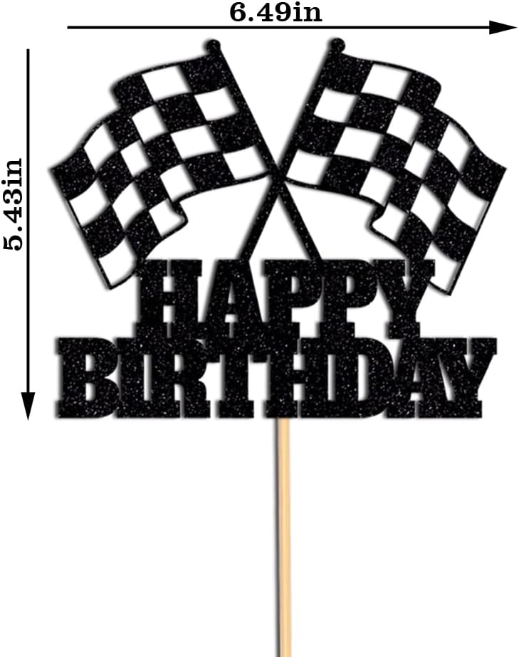 Race Car Cake Topper - Checkered Flag, Glitter, Happy Birthday Theme Cake Decor