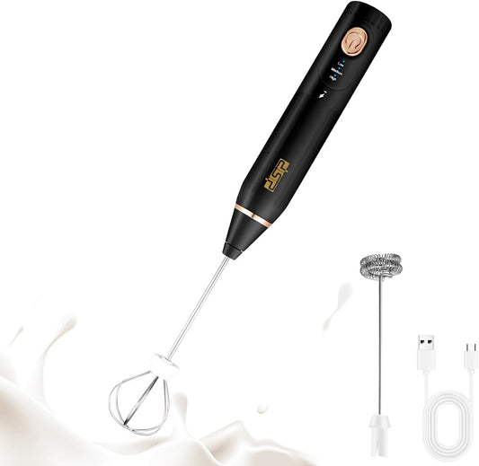DSP Electric Whisk Rechargeable with Egg whisk milk frothing bar, 3 Speed Adjustable, Milk Frother Handheld for Latte, Cappuccino (Black)