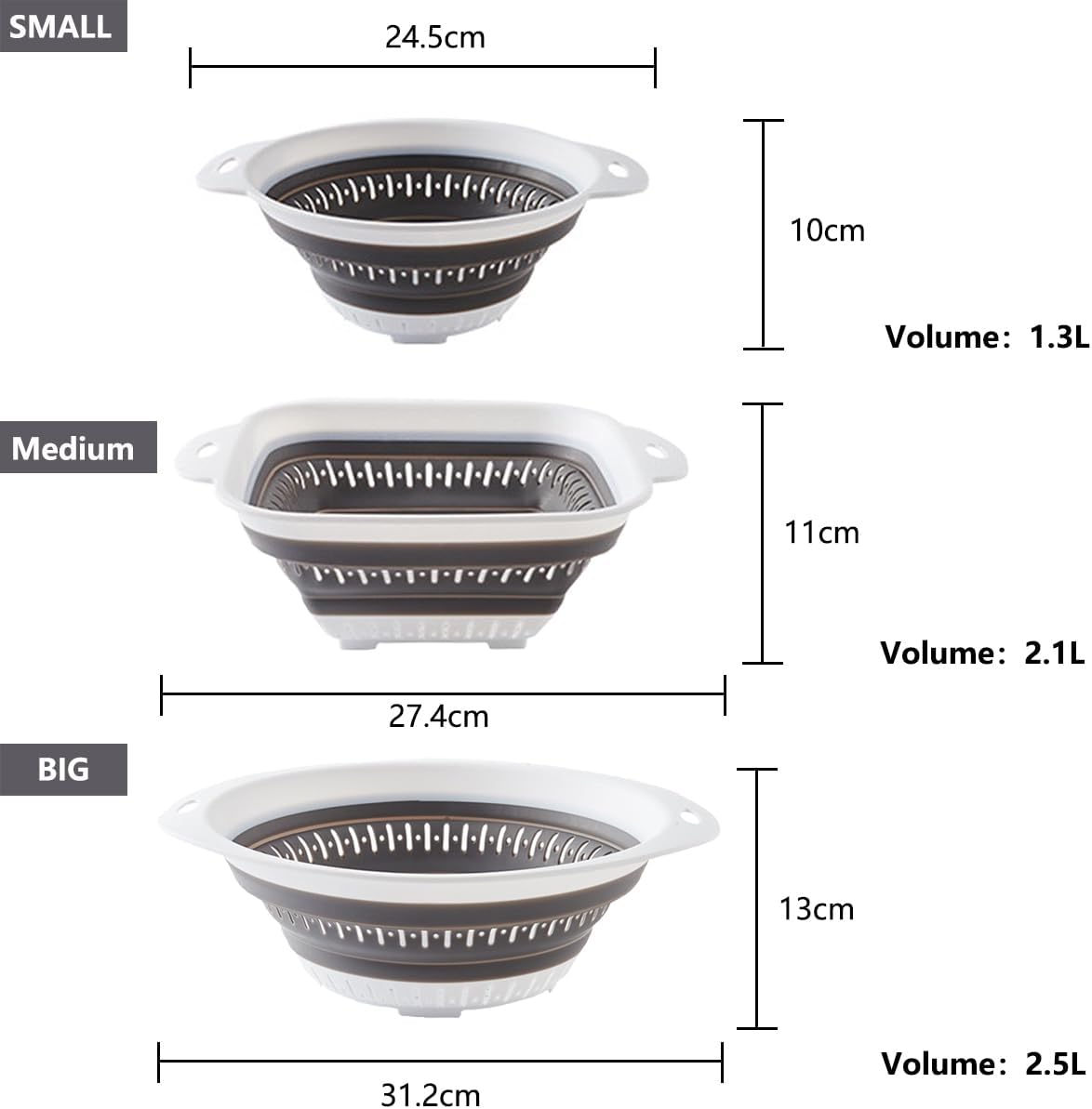 Collapsible Colander and Strainer,Silicone Strainer Colanders & Food Strainers,for Vegetable and Fruit, Kitchen Essentials (3, Green, 1.3L+2.1L+2.5L)