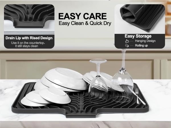 Silicone Dish Drying Mat for Kitchen Counter with Built-in Drain, Easy Clean Pad for Countertop Protection, Fast Self-Draining Slope, Non-Slip, Multiple Use 17.7 x 11.8 Inch (Black)