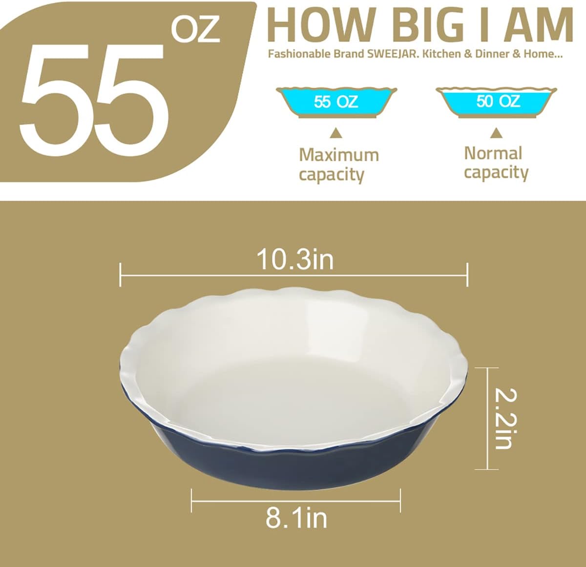 Sweejar Ceramic Pie Pan, 10 Inches Round Baking Dish for Dinner, Non-Stick Plate With Soft Wave Edge for Apple, Pumpkin, Pot Pies (Navy)