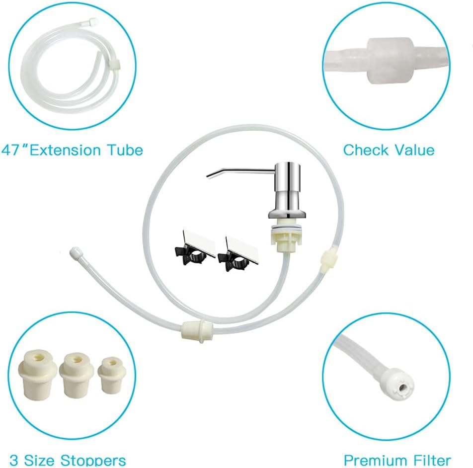 Dish Soap Dispenser for Kitchen Sink, Countertop Sink Soap Dispenser Water Pump with 47” No-Spill Extension Tube Kit Design for Kitchen Bathroom, No More Refills （Chrome）