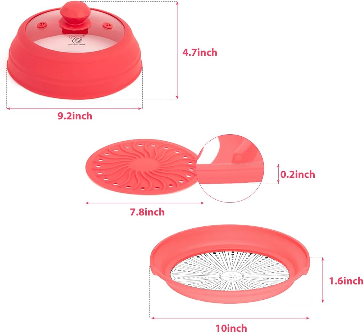 Microwave Splatter Silicone Cover Collapsible, Vented Multifunction Splash Lid with Glass Dish Bowl Plate for Food Cooking Bacon Maker, Dishwasher Safe BPA-Free 9 inch Cookware Set Red