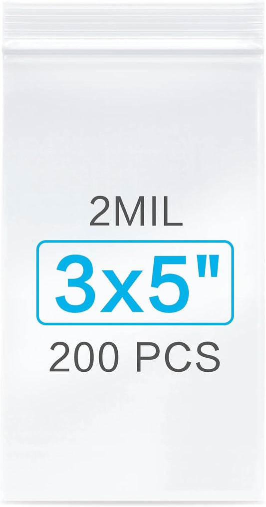 200pcs 3 x 5 inch Plastic Bags, 2 mil Jewelry Bags, Clear Small Zip Bag, Resealable Zip Bag for Small Business, Storage, Candy