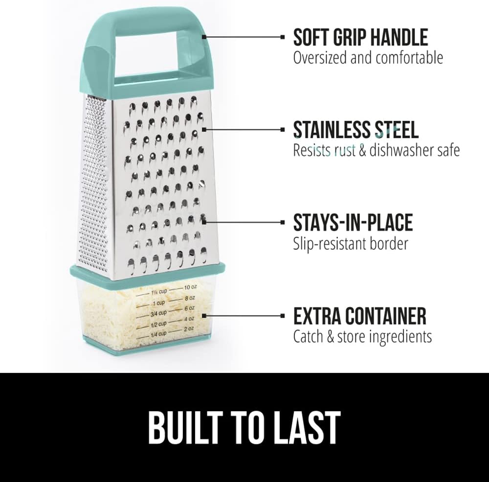 GORILLA GRIP 4-Sided 100% BPA-Free Cheese Grater With Container, Stainless Steel XL Box Graters, Parmesan Shredder, Grate Cheeses, Shred Veggies, Slip Resistant Handle, Dishwasher Safe Zester, Mint