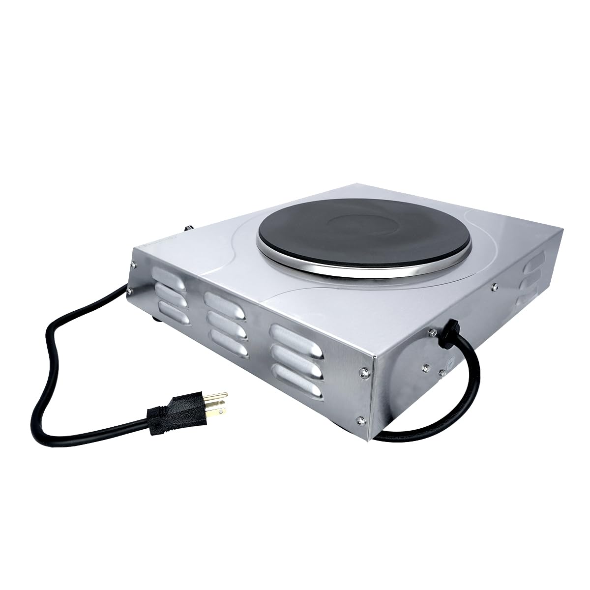 Cadco LKR-220 15-1/2" Electric Portable Countertop Hot Plate, (1) Cast Iron Burner for Restaurant Hotel Food Truck Concession Kiosk, Stainless Steel, 220v