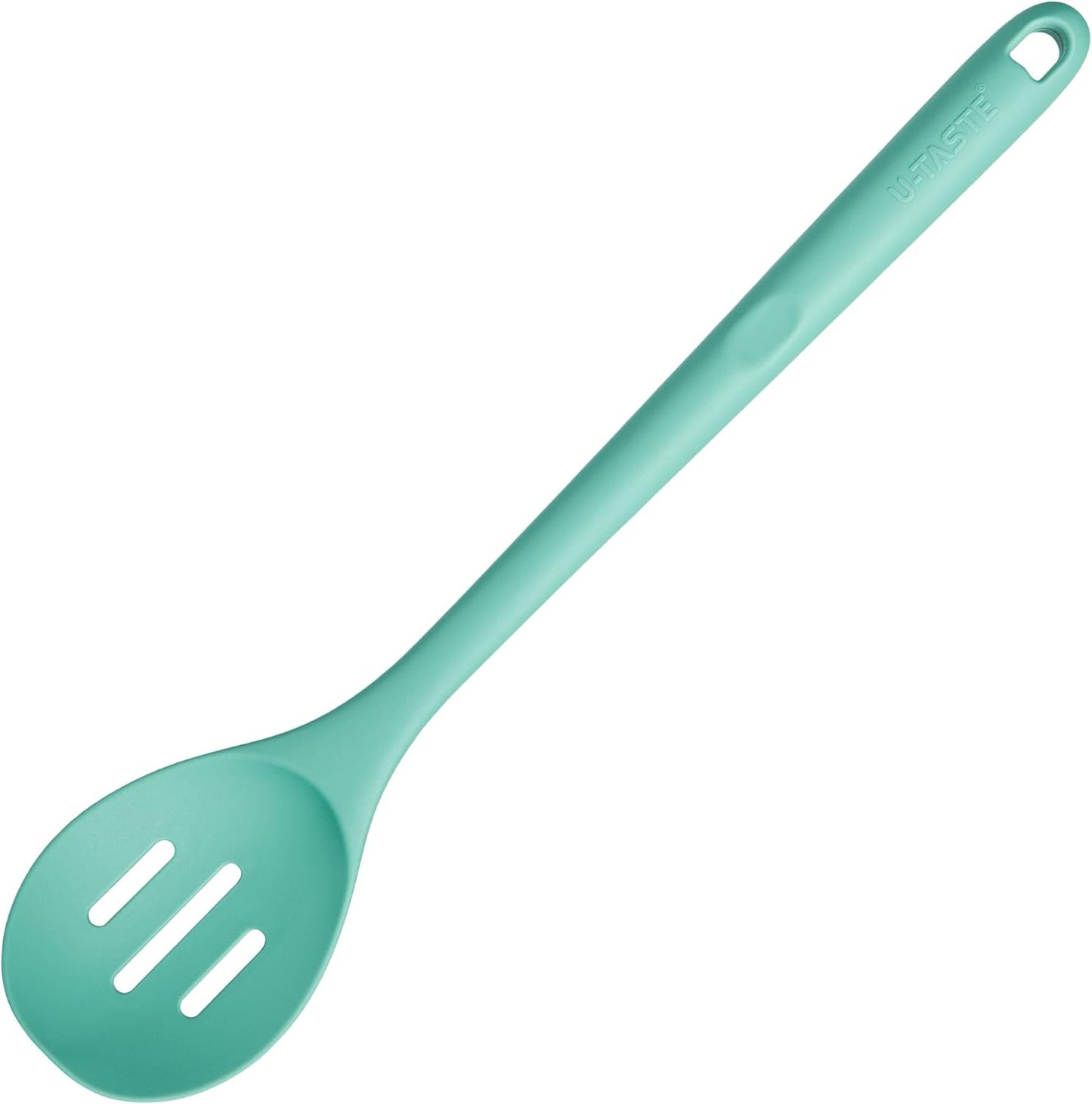 13.3" Slotted Cooking Spoon: U-Taste 600ºF Heat Resistant Kitchen Mixing Spoon, Food Grade Nonstick Long and Large Rubber Soup Utensil for Serving, Stirring, Basting, for Pot Cookware (Aqua Sky)