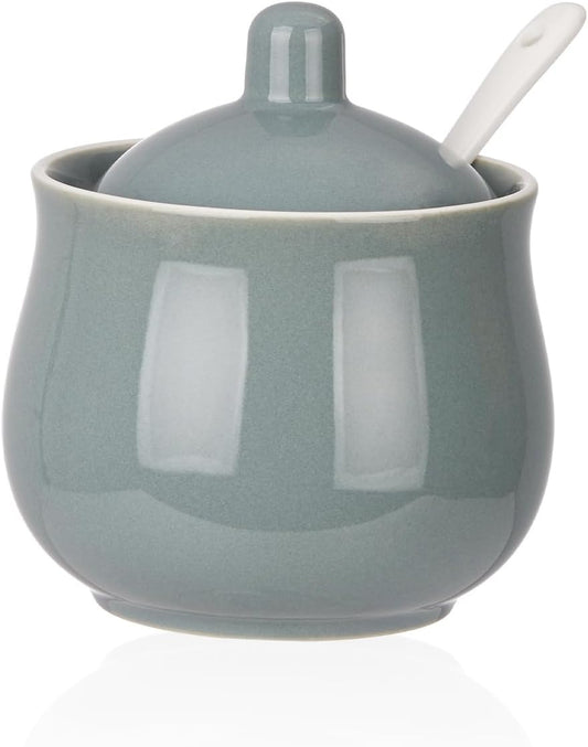Ceramic Sugar Bowl with Lid and Spoon, Grey Porcelain Sugar Salt Pepper Storage Jar, 8 Ounces