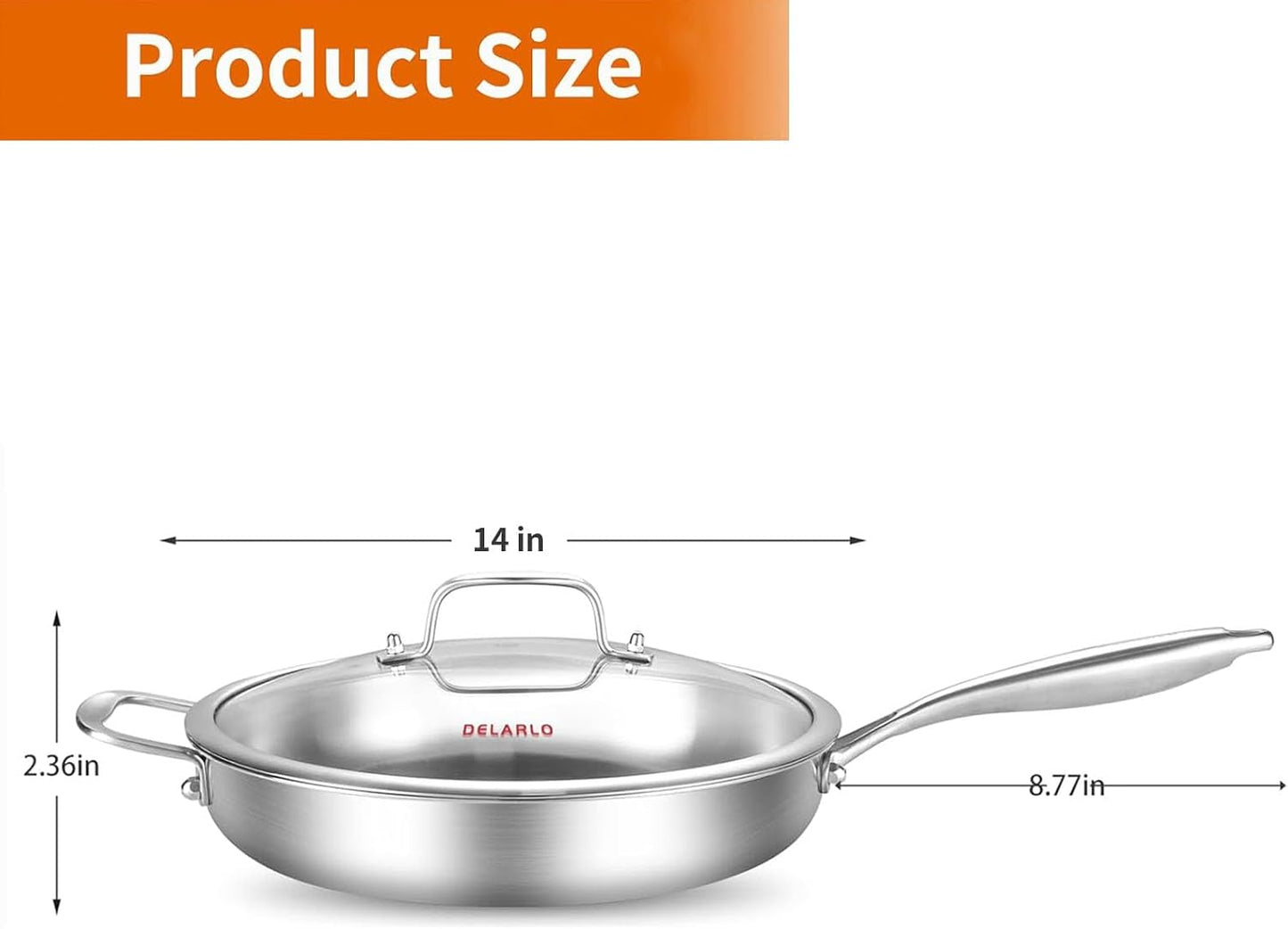 DELARLO Stainless Steel Pan 14-Inch, Large Frying Pan with Lid, Heavy Duty, Compatible with Induction, Gas and Electric up to 650℉, Fast & Even Heating, Durable, Dishwasher, Oven Safe Skillet