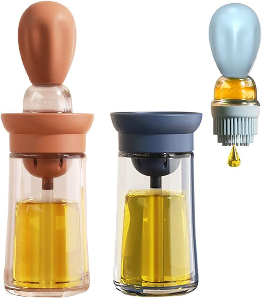 Oil Dispenser with Brush - 2 Pack Glass Olive Oil Dispenser Bottle with Basting Brush for Cooking Frying Baking Kitchen 180ml, T-OB21 Blue+Red