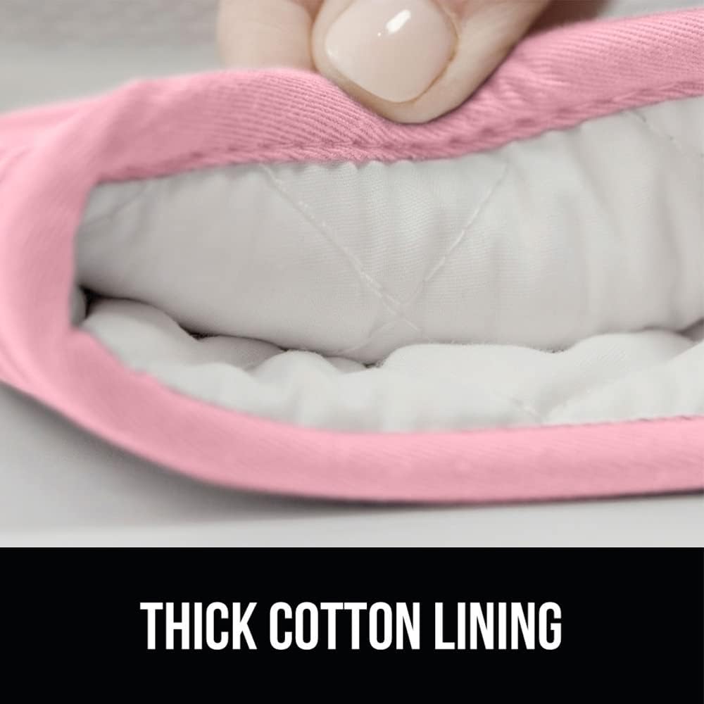 GORILLA GRIP BPA-Free Soft Silicone Oven Mitts and Pot Holders Sets of 4, Heat Resistant Waterproof Cooking Gloves, Thick Cotton Lining, Flexible Gripping for Baking Grilling, Kitchen Trivets, Pink