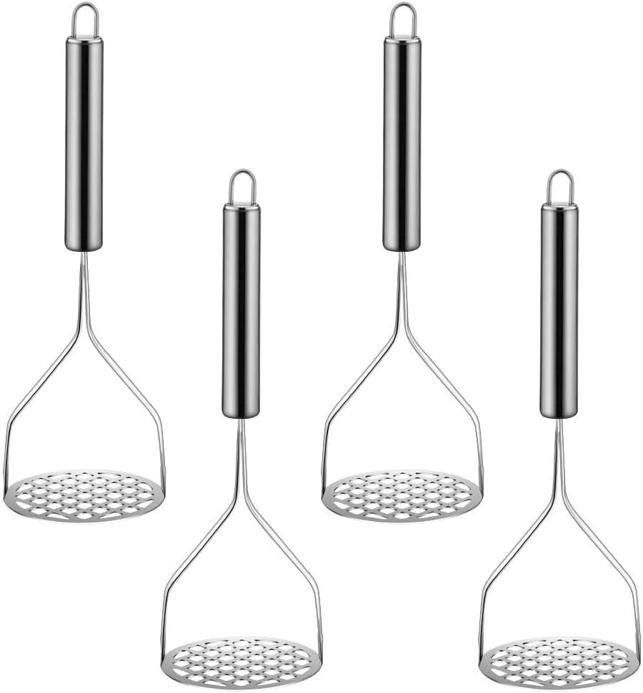 Potato Masher (4-Pack), 10-Inch Sturdy Gourmet Stainless Steel Wire Masher, Heavy Duty Metal Potato Ricer, Vegetables Fruits Hand Mashers, Dishwasher Safe