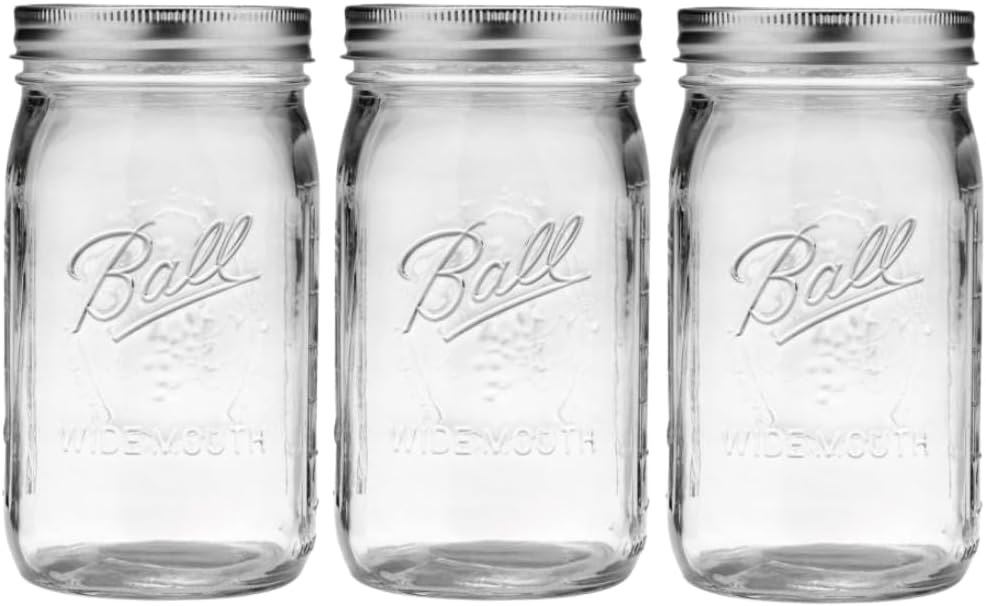 Ball Wide Mouth Glass Mason Jars with Lids and Bands, Used for Canning, Pickling, Juice, Jam, Jelly, Quart Size 32 Ounce (Pack of 3)
