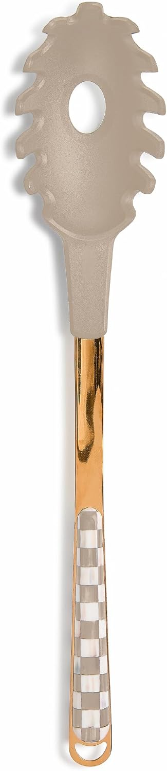 MACKENZIE-CHILDS Kitchen Pasta Spoon, Silicone Spaghetti Spoon, Brown-and-White Mocha Check