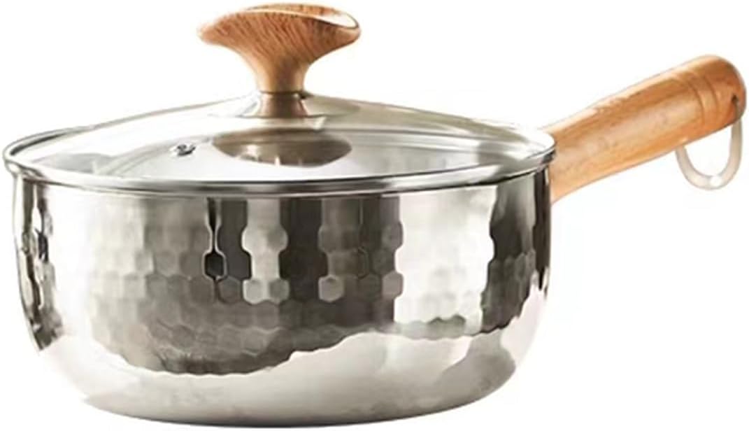 Thickened 304 Stainless Steel Pot, Solid Wood Anti Scald Handle With Hook, Multifunctional Sauce Pot with Inverted Mouth, Milk Pot, Cooking Pot (1.7 Quarts)