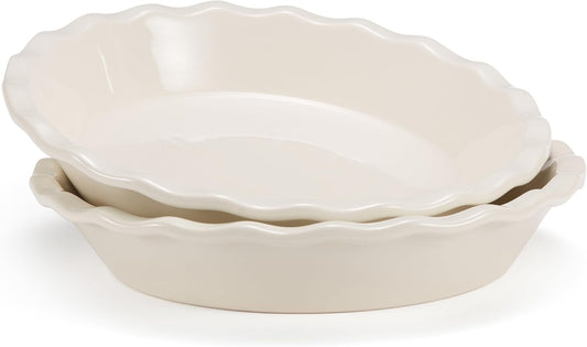 KooK Pie Pan, Ceramic Reusable Round Pie Dish, Quiche Baking Dish, Deep, Wave Edge, For Cakes, Tart, Casseroles, Tarts, Microwave, Oven and Dishwasher Safe, 9-Inch, 36 oz, Set of 2, Ivory