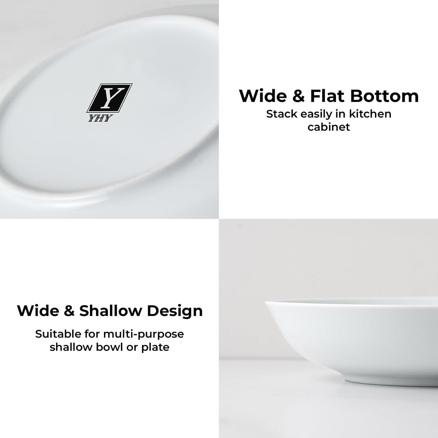 Y YHY 9" Pasta Bowls, 40oz Large Salad Bowls Set of 6, Wide Shallow Ceramic Bowls for Serving Soup, White Dinner Plates Set for Kitchen, Microwave Dishwasher Safe