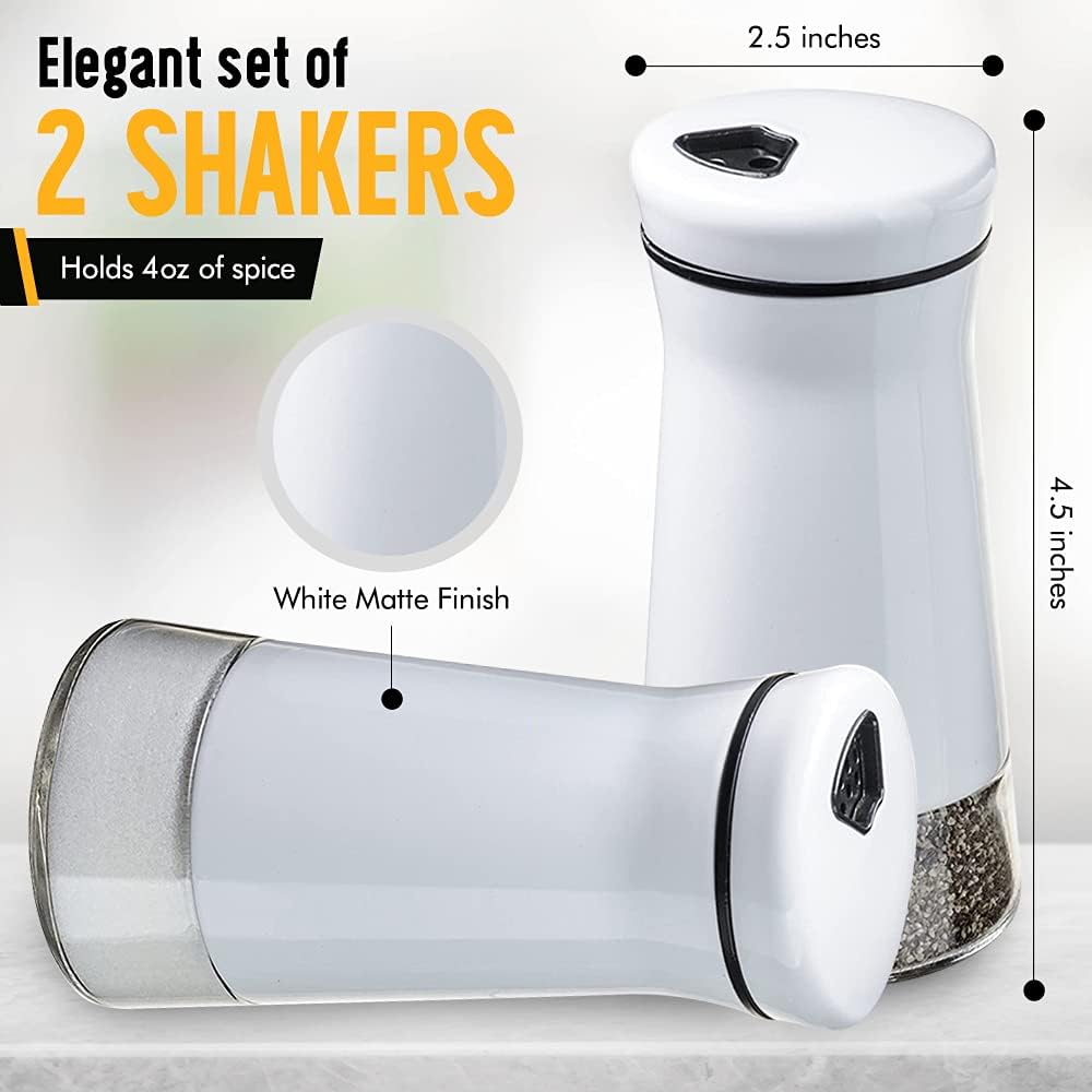 The Original Salt and Pepper Shakers set - White- Spice Dispenser with Adjustable Pour Holes - Stainless Steel & Glass - Set of 2 Bottles